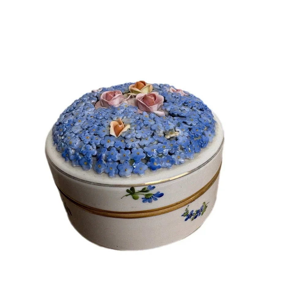 Vintage German Elfinware Porcelain Trinket Dish Applied Forget Me Nots Pink Rose